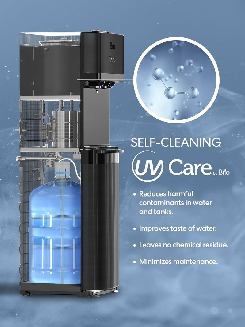 Self Cleaning Bottom Loading Water Cooler Water Dispenser Black Stainless Steel, 3 Temperature Settings, Hot, Room And Cold Water