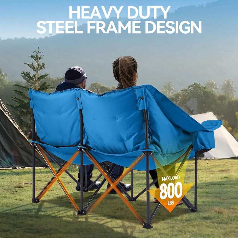 Double Camping Chairs Padded Loveseat Chair For 2 Person, Heavy Duty Oversized Camping Couch For Adults Outdoor Lawn Beach, Portable Folding