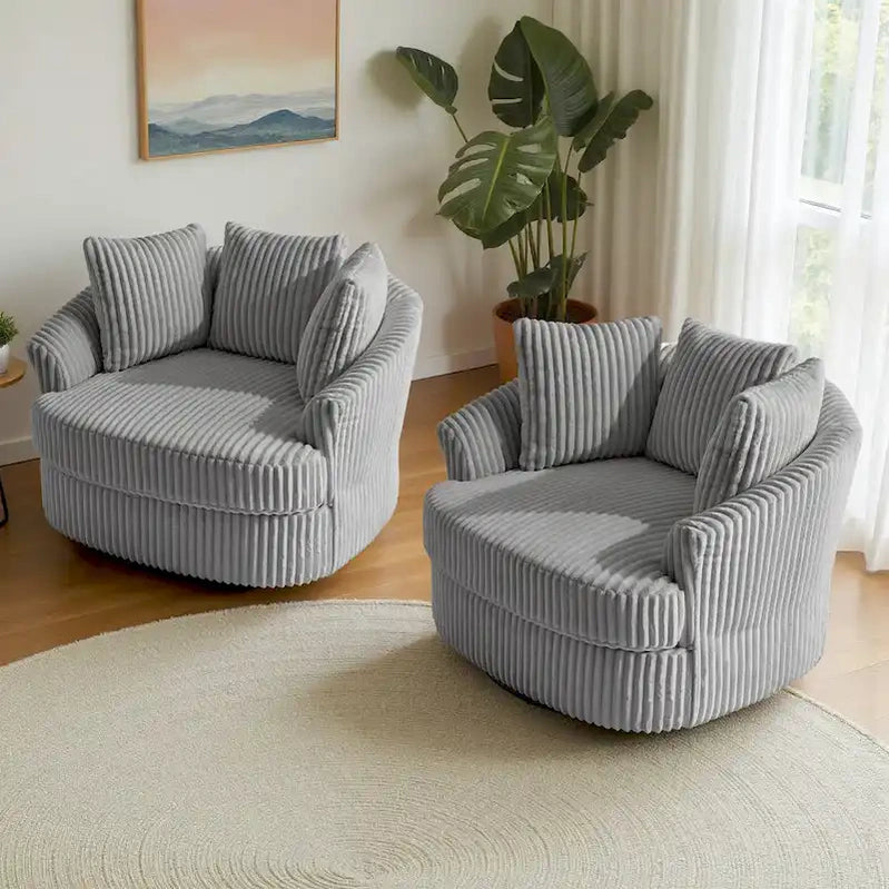 2 Set Oversized 43 W Plush Corduroy Swivel Barrel Chair With Pillows