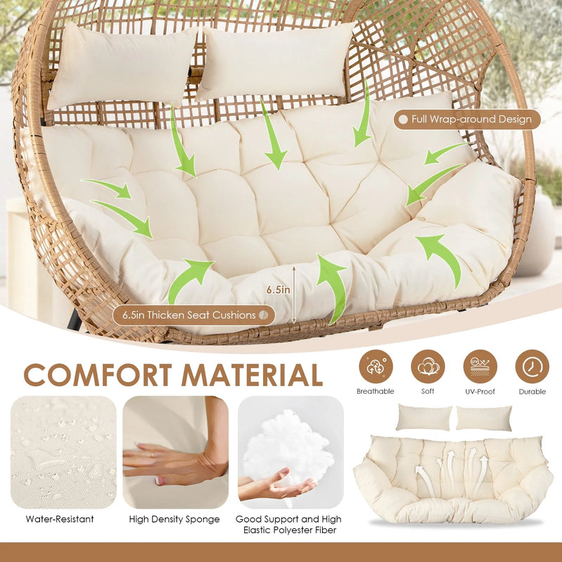 Radiata Double Egg Chair For 2 Person, Oversized Wicker Loveseat With Thick Cushions, 680 Lbs Capacity