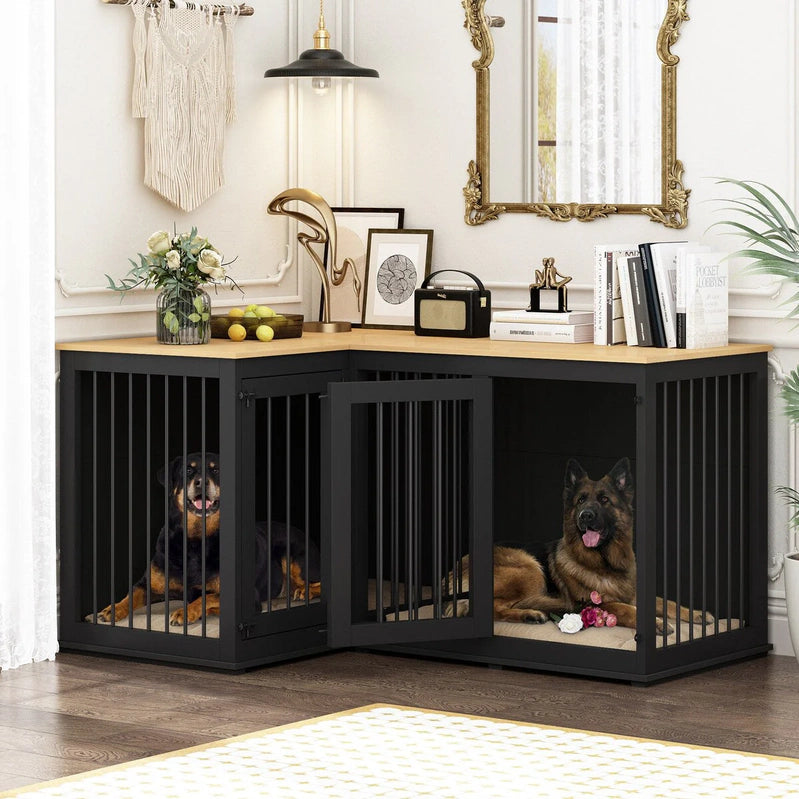 Large Corner Dog Crate Furniture For 2 Dogs, L Shape Dog Crate Cage, 58.7X41.1