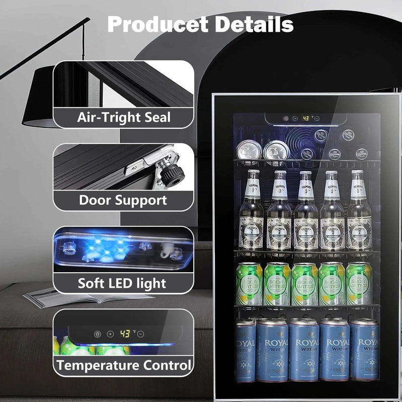 Auseo 126 Can Beverage Refrigerator And Cooler With Glass Door For Home/Office/Bar-Black