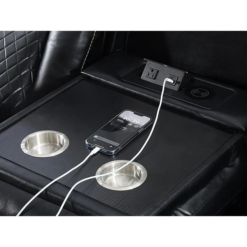 Power Reclining Sofa With Wireless Charger, Reading Light For Living Room, Faux Leather LED Light, AC/USB Port, Cup Holder, Black