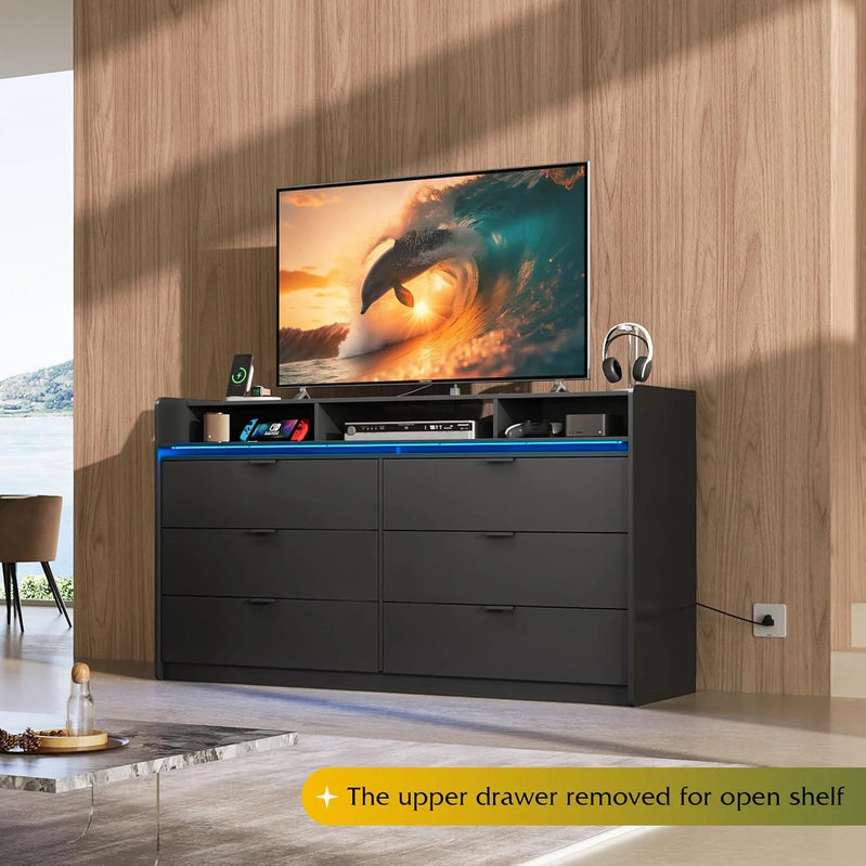 9 Drawer LED Dresser For Bedroom, 58.35 In. Wide Wood Dresser Storage Organizer With Power Outlets For 65 In. TV, Dressers With Open Shelves