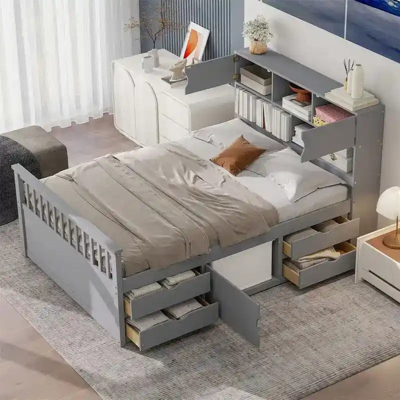 Twin/Full Size Captain Platform Bed With 4 Drawers And Storage Shelves, Solid Wood Bed Frame With Storage Bookcase Headboard