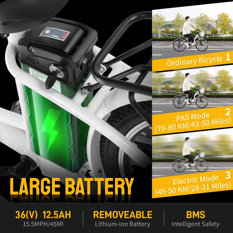 Pexmor Electric Bike For Adults, 350W, Peak 500W City Commuter Ebike 36V 12.5Ah Removable Battery