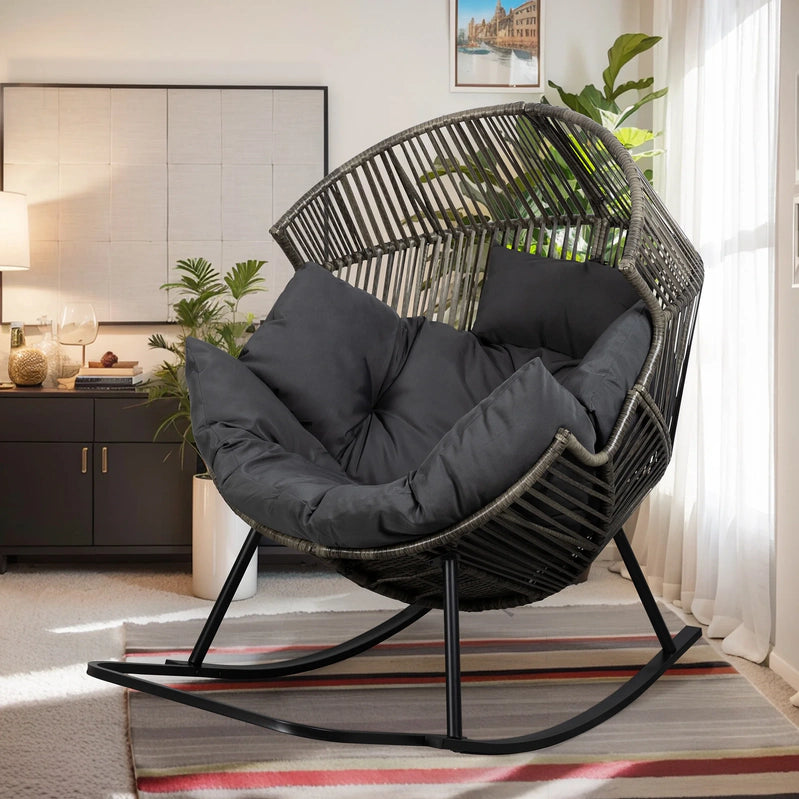 Walsunny Egg Chairs Outdoor Patio Wicker Oversized Egg Shell Lounger Lawn Chair With Cushion For Indoor Outside Porch Balcony Backyard