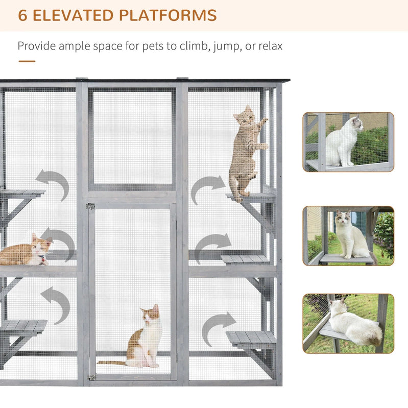 PawHut Wooden Catio Enclosure With Weather Protection, 6 Platforms, Outdoor, Large, 71 In. x 38.5 In. x 71 In
