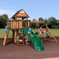 Backyard Discovery Canyon Creek Cedar Wood Swing Set With Wave Slide, Clubhouse, Play Kitchen, Picnic Area, Belt Swings, Web Swing, Rock Wall