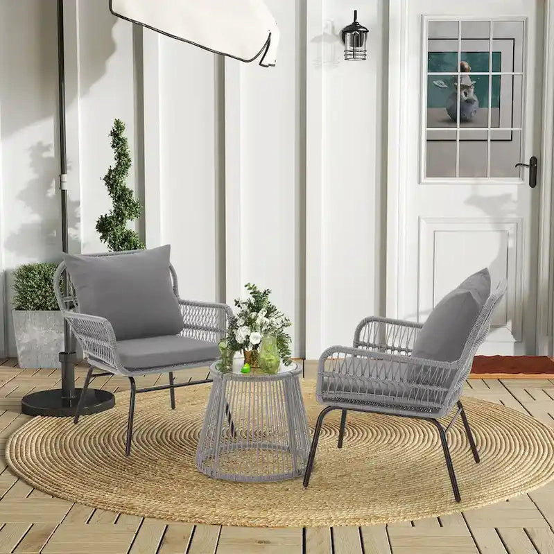 3-Piece Patio Conversation Bistro Set, Outdoor Rattan Furniture Set With Glass Table And 2 Wide Armchairs, Seat Cushions