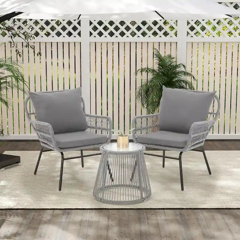 3-Piece Patio Conversation Bistro Set, Outdoor Rattan Furniture Set With Glass Table And 2 Wide Armchairs, Seat Cushions
