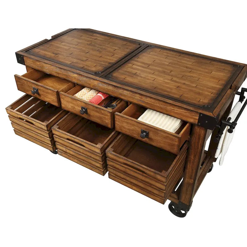 Kitchen Cart With 3 Drawers In Distressed Chestnut