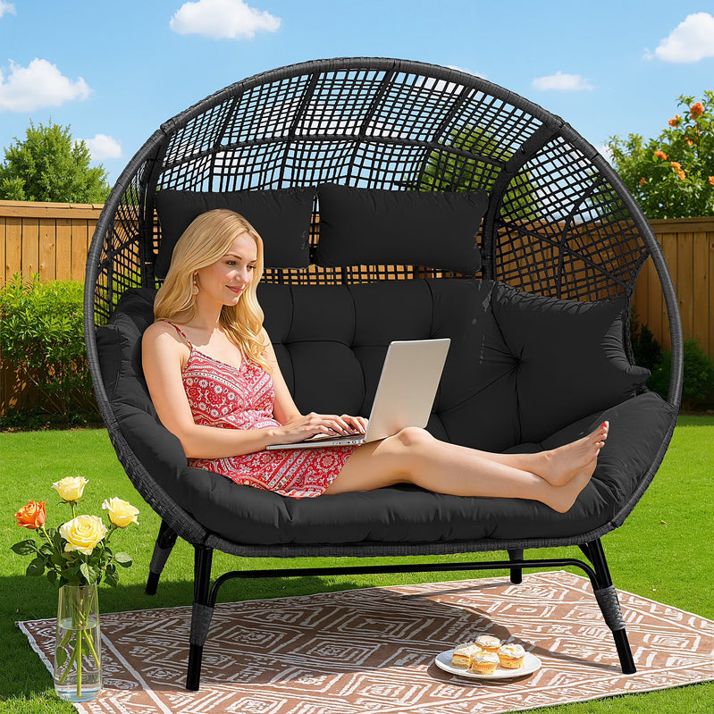 Radiata Double Egg Chair For 2 Person, Oversized Wicker Loveseat With Thick Cushions, 680 Lbs Capacity