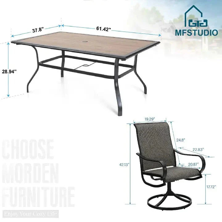 8-piece Patio Dining Set With Parasol, Garden Furniture Set With 6 Swivel Dining Chairs With Mesh Covers
