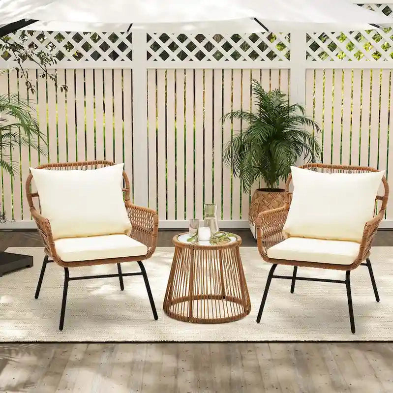 3-Piece Patio Conversation Bistro Set, Outdoor Rattan Furniture Set With Glass Table And 2 Wide Armchairs, Seat Cushions