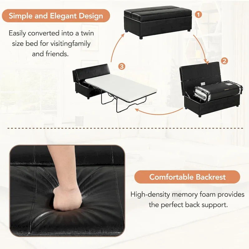 Twin Size Folding Pull Out Ottoman Sleeper Bed With Mattress Convertible Guest Bed, PU Upholstered Sleeper Sofa