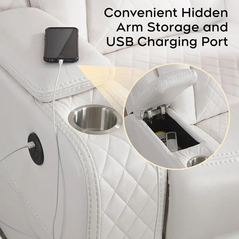 Power Reclining Sofa With Wireless Charger, Reading Light For Living Room, Faux Leather LED Light, AC/USB Port, Cup Holder, Black