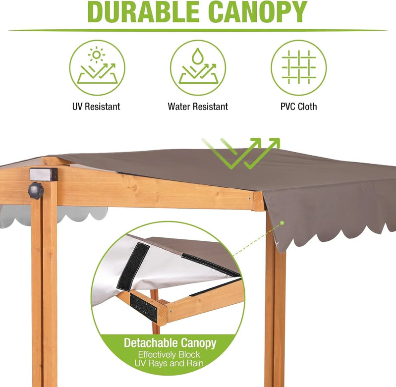 Kids Wooden Outdoor Sandbox w/Canopy, 2 Foldable Bench Seats, Retractable Roof Sand Protection Liner 47x47-Inch