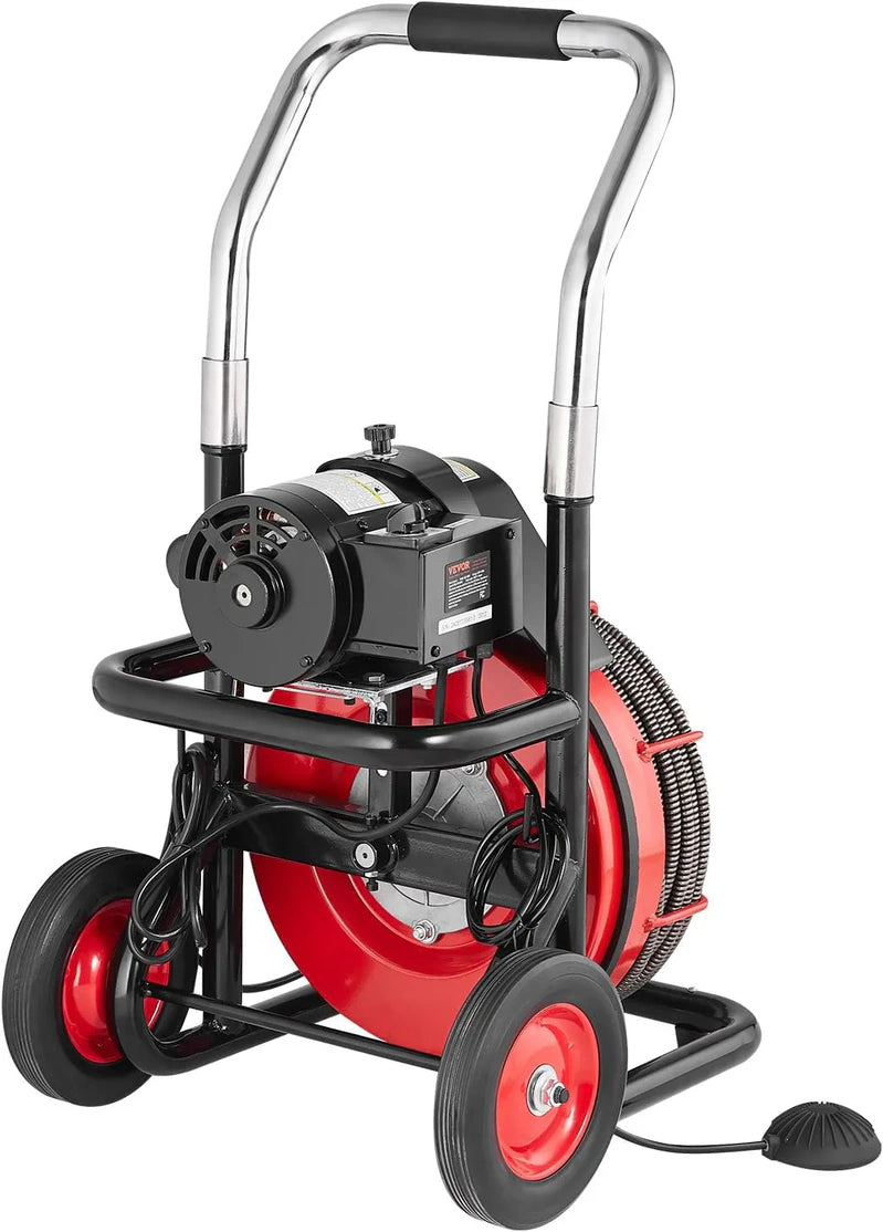 Drain Cleaner Machine 100 Ft. x 1/2 In, Auto Feed Sewer Snake Auger On Wheels