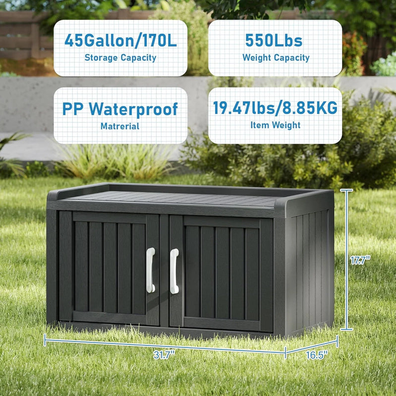 Kamaboko Outdoor Shoe Storage Cabinet, Waterproof UV-Resistant Entryway Storage Bench Indoor Outdoor With 2 Barn Doors