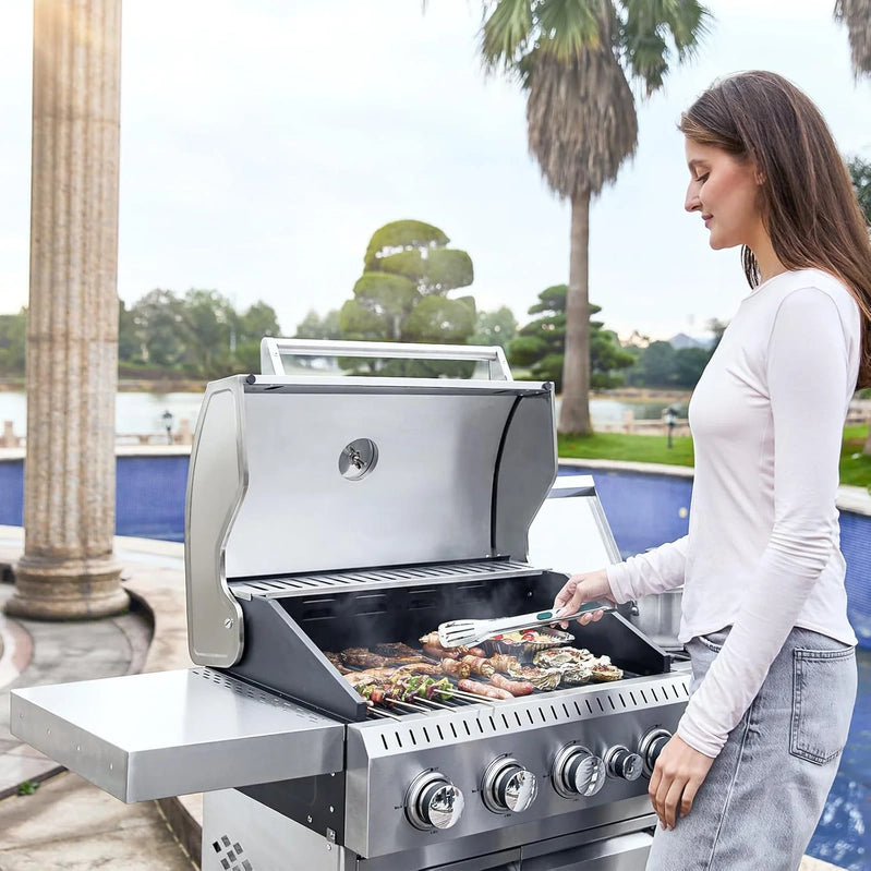 Upgraded 4 Burner Bbq Propane Gas Grill With Cast Iron Grates And Side Stove, 44,000 BTU Stainless Steel Burner Barbecue Grill For Patio