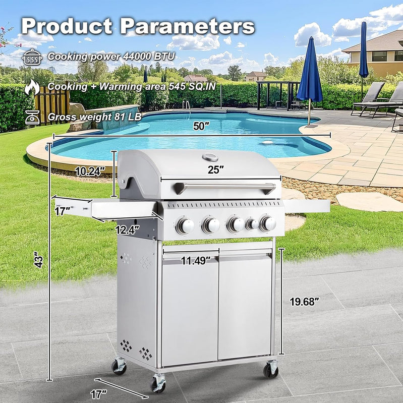 Upgraded 4 Burner Bbq Propane Gas Grill With Cast Iron Grates And Side Stove, 44,000 BTU Stainless Steel Burner Barbecue Grill For Patio