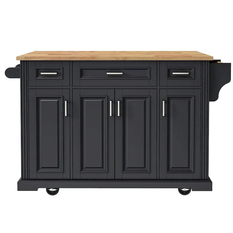 54 Large Kitchen Island With Rubber Wood Drop Leaf, Embossed Texture Rolling Kitchen Cart On 4 Wheels With 4 Doors And 3 Drawers