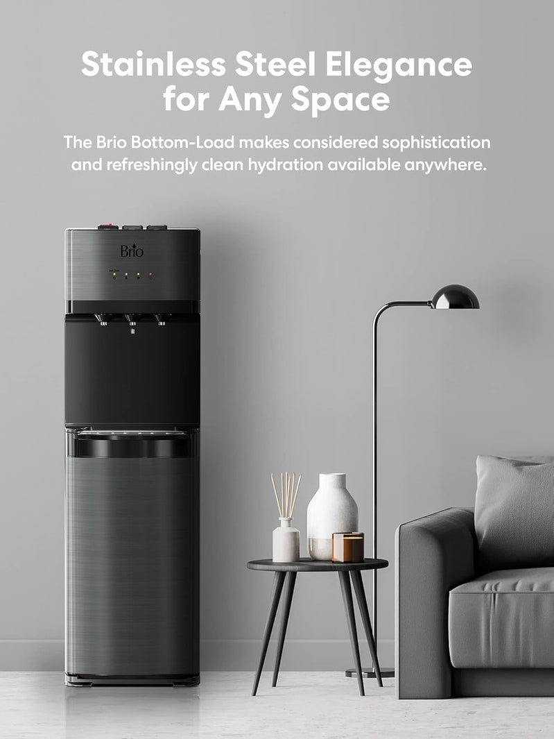 Self Cleaning Bottom Loading Water Cooler Water Dispenser Black Stainless Steel, 3 Temperature Settings, Hot, Room And Cold Water
