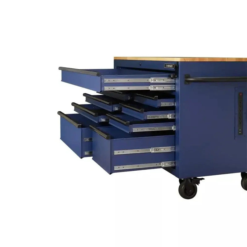 Heavy-Duty 52 In. 9-Drawer Mobile Workbench With Adjustable-Height Solid Wood Top In Matte Blue
