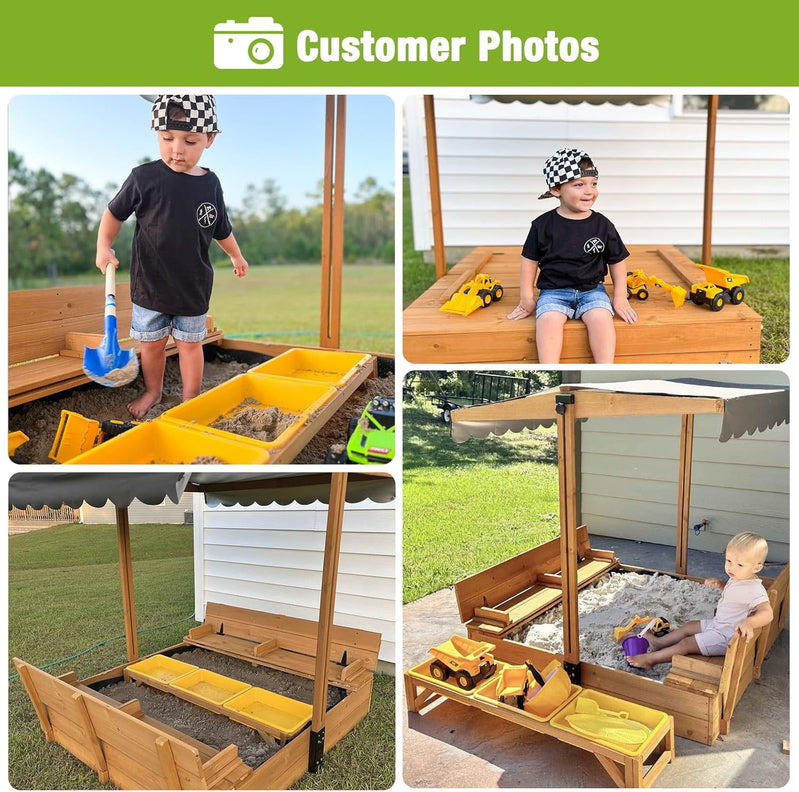 Kids Wooden Outdoor Sandbox w/Canopy, 2 Foldable Bench Seats, Retractable Roof Sand Protection Liner 47x47-Inch