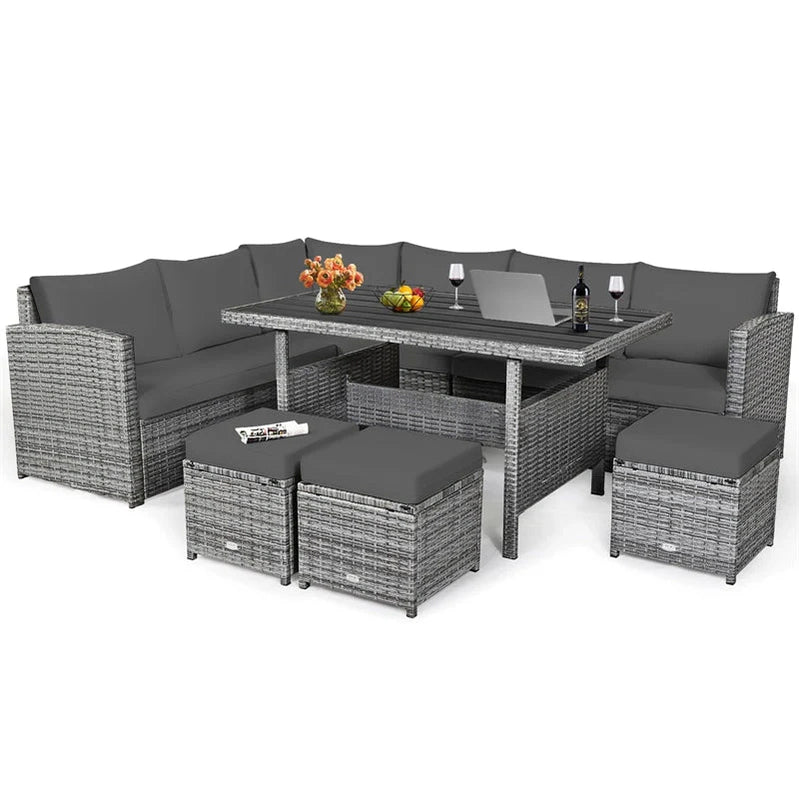 7 Pcs Rattan Patio Dining Furniture Sectional Sofa Set With Dining Table, Ottomans And Cushions