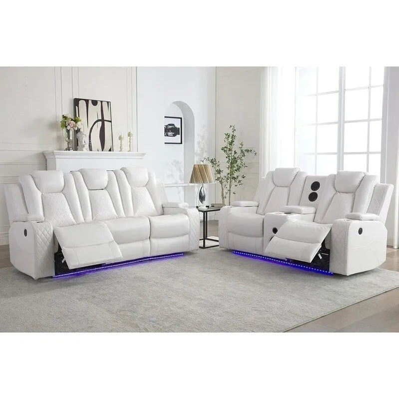 Power Reclining Sofa With Wireless Charger, Reading Light For Living Room, Faux Leather LED Light, AC/USB Port, Cup Holder, Black