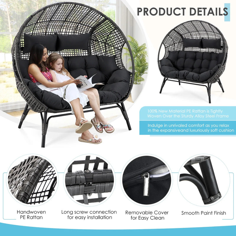 Radiata Double Egg Chair For 2 Person, Oversized Wicker Loveseat With Thick Cushions, 680 Lbs Capacity