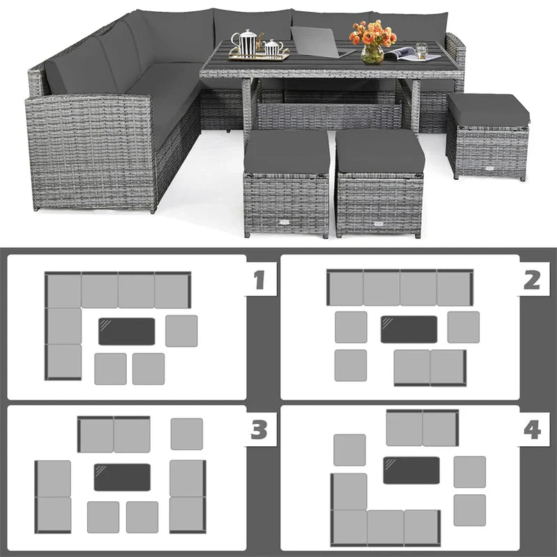 7 Pcs Rattan Patio Dining Furniture Sectional Sofa Set With Dining Table, Ottomans And Cushions
