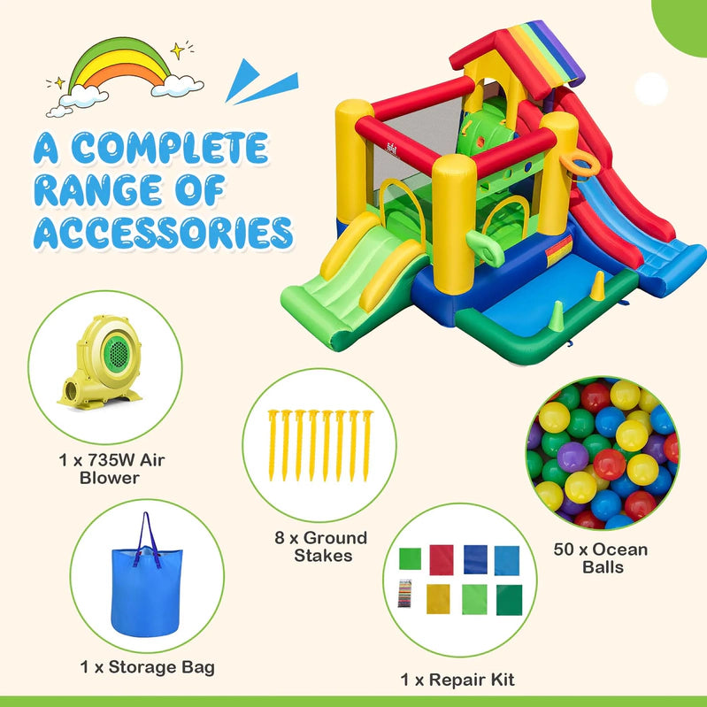 Costway Colorful Rainbow Kids Inflatable Bounce Castle With 50 Ocean Balls And 735W Blower