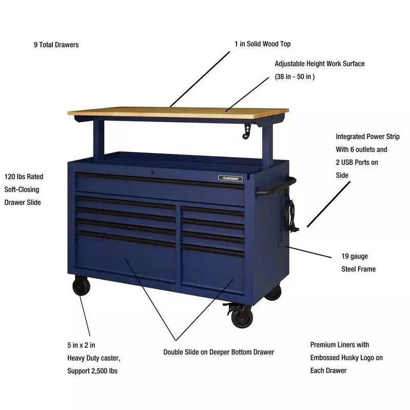 Heavy-Duty 52 In. 9-Drawer Mobile Workbench With Adjustable-Height Solid Wood Top In Matte Blue