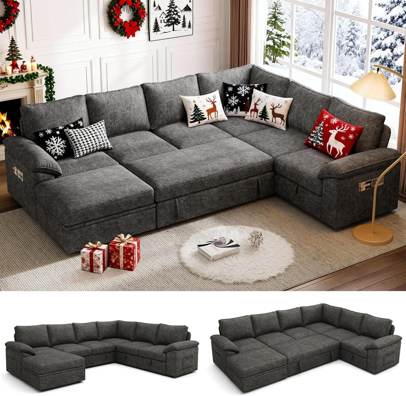 108 In. Sectional Sleeper Sofa With Pull Out Bed, U Shaped 7 Seat Modular Sectional Sofa