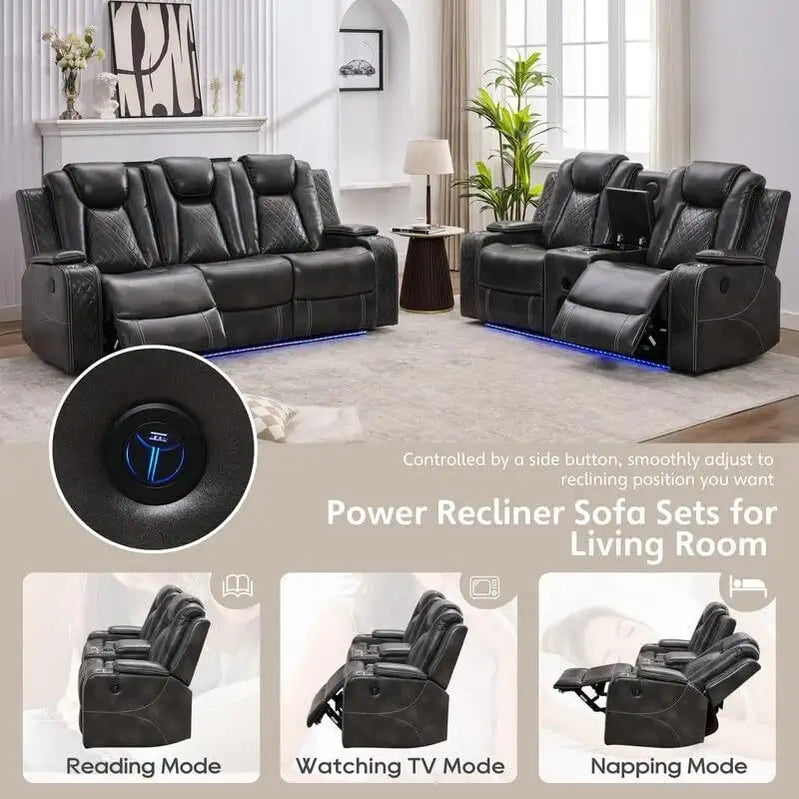 Power Reclining Sofa With Wireless Charger, Reading Light For Living Room, Faux Leather LED Light, AC/USB Port, Cup Holder, Black