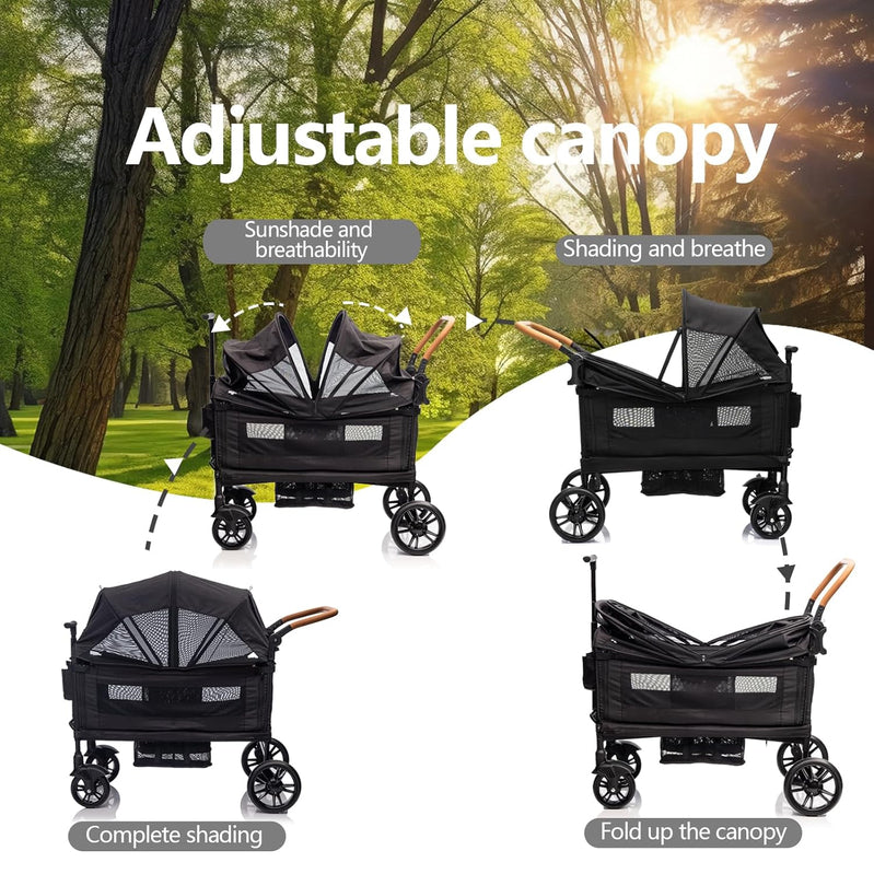 Wagon Stroller For 2 Kids And Cargo-Travel Stroller Push-Pull Double Wagon Lightweight Folding Stroller For Newborn And Toddler With 5-Point