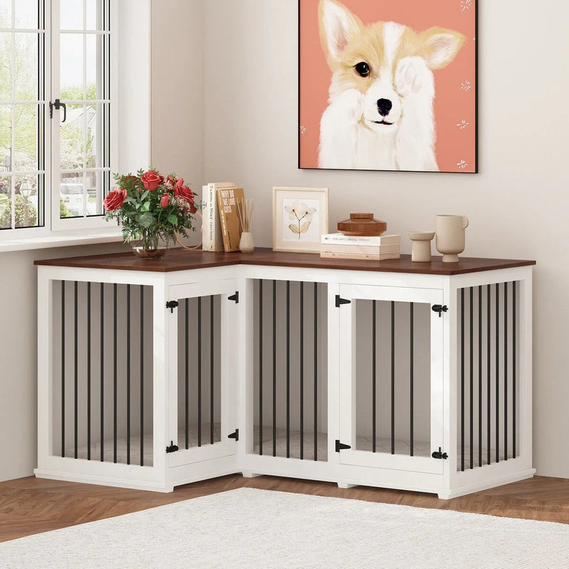 Large Corner Dog Crate Furniture For 2 Dogs, L Shape Dog Crate Cage, 58.7X41.1