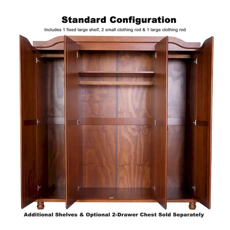 Palace Imports 100% Solid Wood Kyle 4-Door Wardrobe Armoire With Solid Wood Or Mirrored Doors