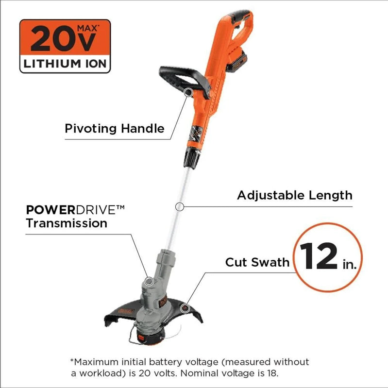 Black Plus Decker 20V Cordless String Trimmer And Edger, 2Ah, Lithium Ion Battery Included