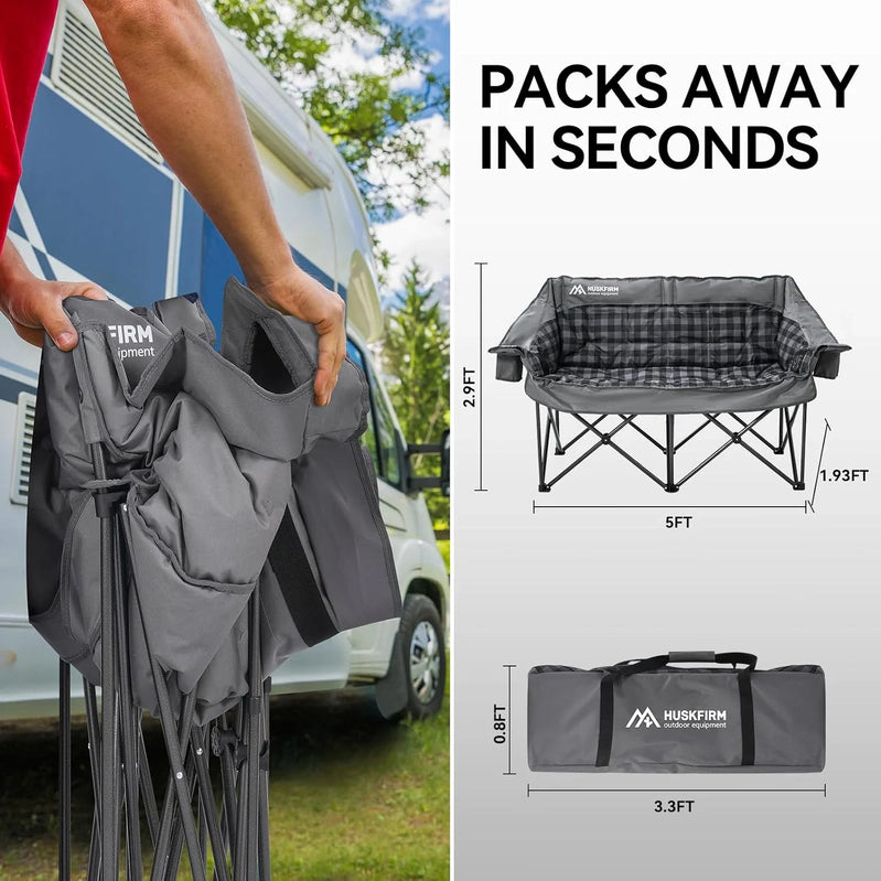 Double Camping Chairs Padded Loveseat Chair For 2 Person, Heavy Duty Oversized Camping Couch For Adults Outdoor Lawn Beach, Portable Folding