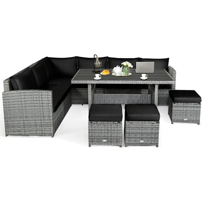 7 Pcs Rattan Patio Dining Furniture Sectional Sofa Set With Dining Table, Ottomans And Cushions
