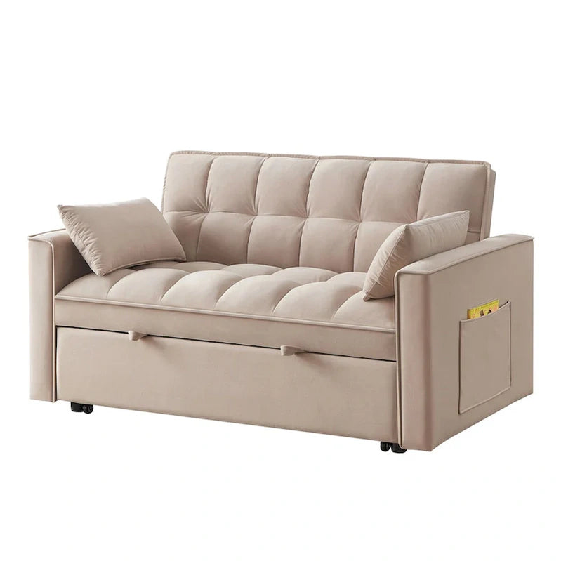 4 in1 Loveseat Sofa Bed With Armrests And Storage Pockets, Multi-Function Tufted Pull-Out Sofa Bed With Adjustable Backrest