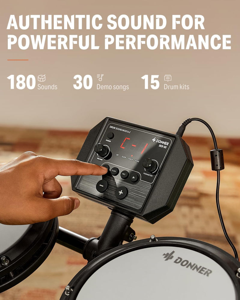 Donner DED-80 Electronic Drum Set, Electric Drum Set For Beginner With 4 Quiet Mesh Drum Pads, 2 Switch Pedal, 180 Plus Sounds, Throne