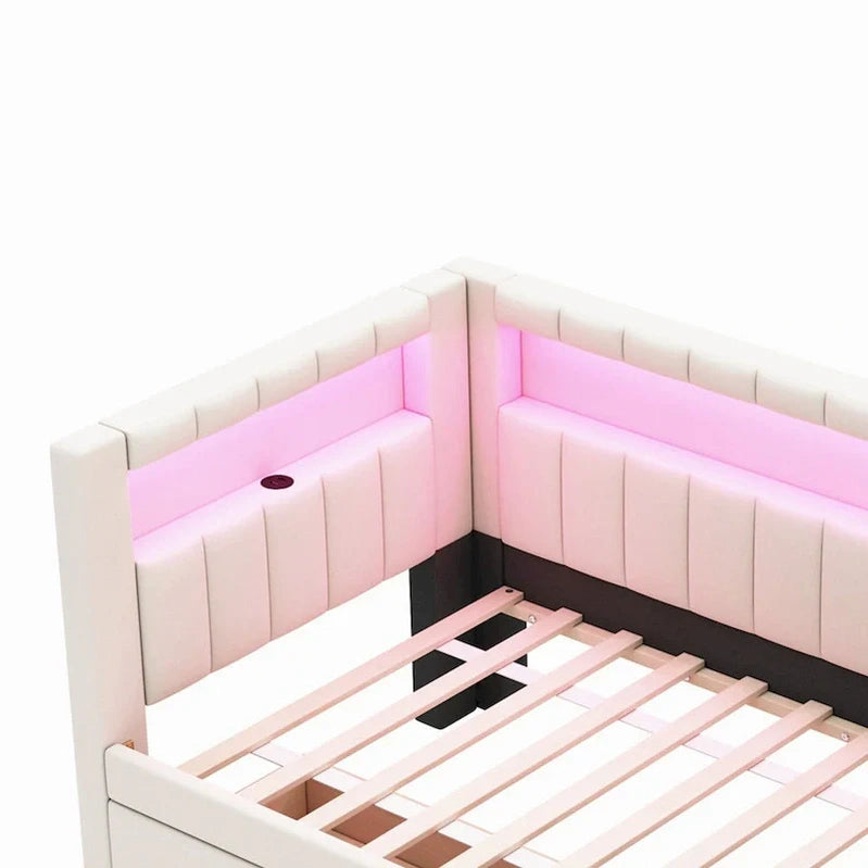 Upholstered Platform Bed With USB Ports And LED Lighting, Full/Twin Size Bed Frame With 2 Storage Drawers, Modern Bedroom