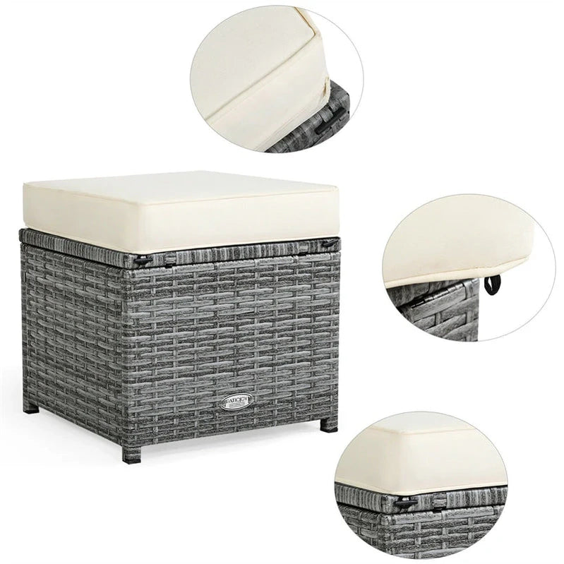 7 Pcs Rattan Patio Dining Furniture Sectional Sofa Set With Dining Table, Ottomans And Cushions