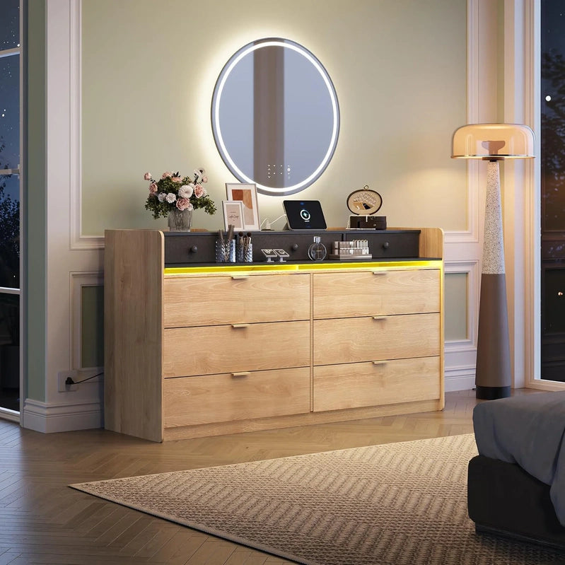 9 Drawer LED Dresser For Bedroom, 58.35 In. Wide Wood Dresser Storage Organizer With Power Outlets For 65 In. TV, Dressers With Open Shelves
