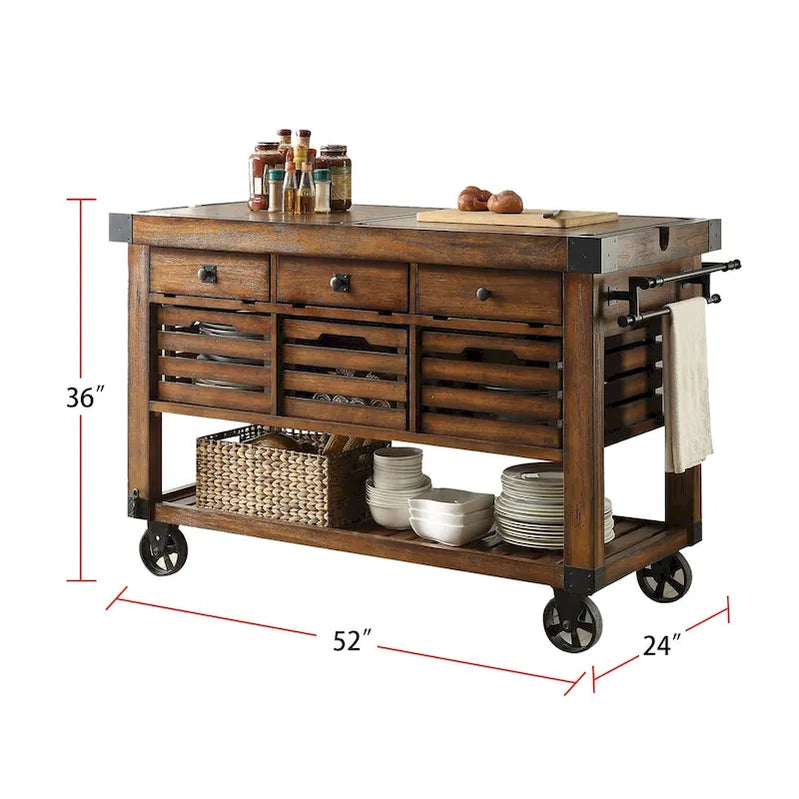 Kitchen Cart With 3 Drawers In Distressed Chestnut